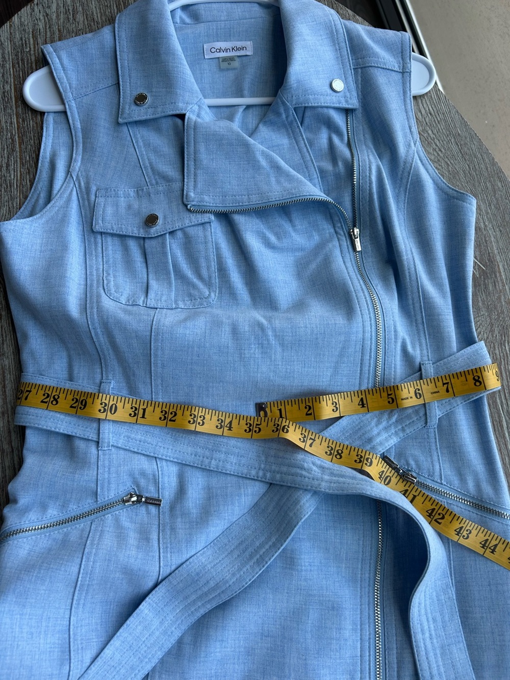 Calvin Klein Light Blue Sleeveless Moto Zip Belted Dress Women’s Size 10 Lined - Picture 12 of 14